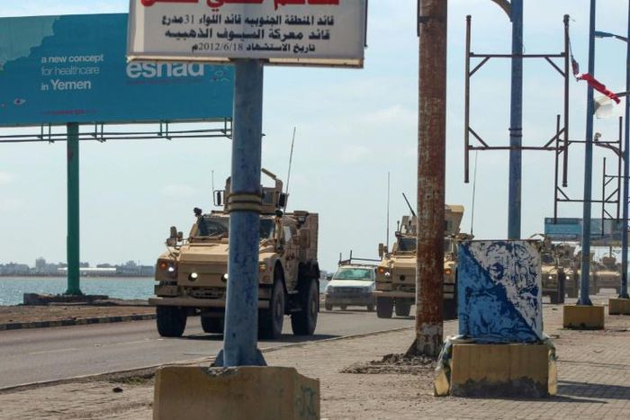 Saudi military vehicles patrol Aden after Yemen separatists declared self-rule in the south of the country
