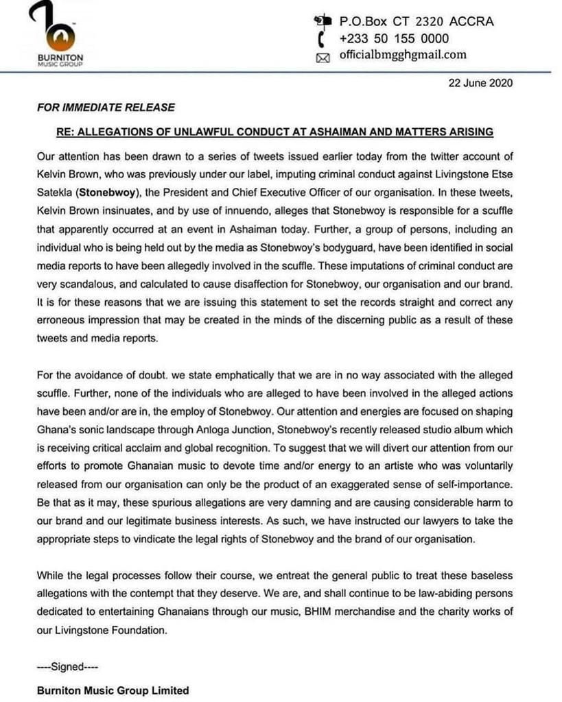 Press Release from Burninton Music about Kelvyn Boy's Ashaiman attack accusations