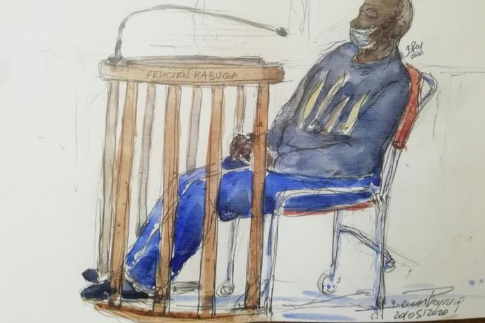 Kabuga, shown in a courtroom sketch during his May 20 hearing, says he wants to face trial in France