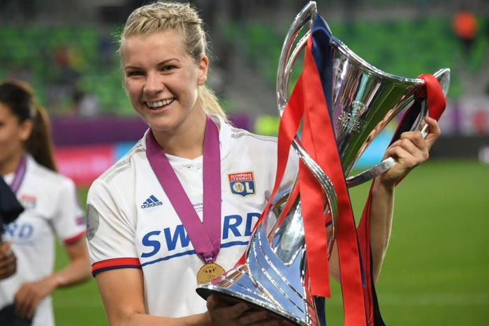 Ada Hegerberg after winning last year's Champions League with Lyon. The Norwegian striker has signed a "historic" seven-figure, 10-year deal with Nike