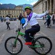 Bogota mayor Claudia Lopez on her bicycle in the city's Plaza Bolívar after taking part in an event for International Women's Day on March 8