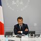 French President Emmanuel Macron taking part in a video meeting with industry representatives, commercial bosses and celebrity chefs