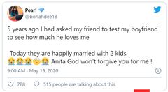 I asked my friend to test my partner to see how much he loves me; they’re married with 2 kids now - Pearl