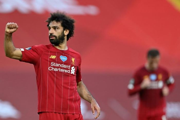 Liverpool forward Mohamed Salah celebrates scoring against Crystal Palace