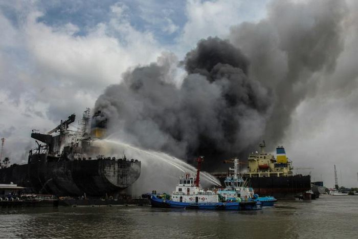 Firefighters battled for hours to extinguish the blaze aboard the Jag Leela oil tanker