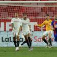Midfielder Lucas Ocampos celebrates a save after replacing teammate Czech goalkeeper Tomas Vaclik