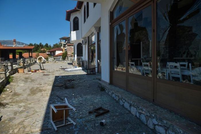 Protestors ransacked a hotel in the village of Arnissa to prevent the settlement of refugee families