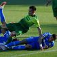 Getafe's Mathias Olivera (right) and Xabier Etxeita (left) challenge Eibar's Brazilian forward Charles during the teams' 1-1 draw on Saturday.