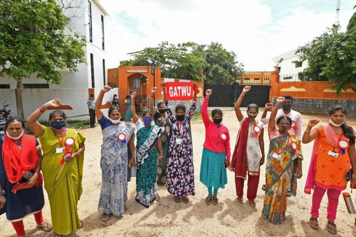 Garment workers of Euro Clothing Company II protest in front of the factory in Mandya district, Karnataka state