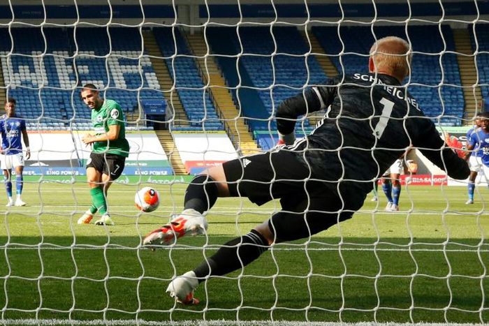 Leicester goalkeeper Kasper Schmeichel saved Neal Maupay's penalty