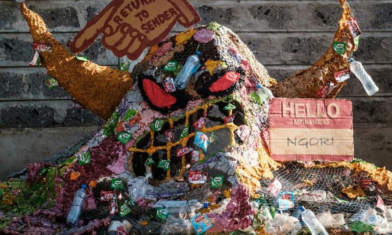 Monster problem: A Greenpeace protest against single-use plastic packaging outside a Nestle food plant in Nairobi last year