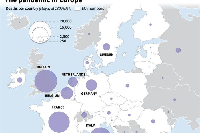 Map  of Europe showing COVID-19 deaths per country.