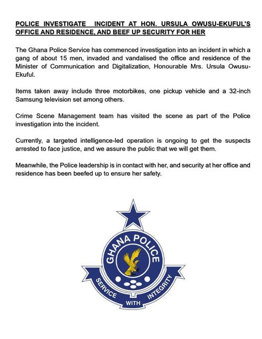 Police investigate attack on Ursula Owusu-Ekuful’s residence and office