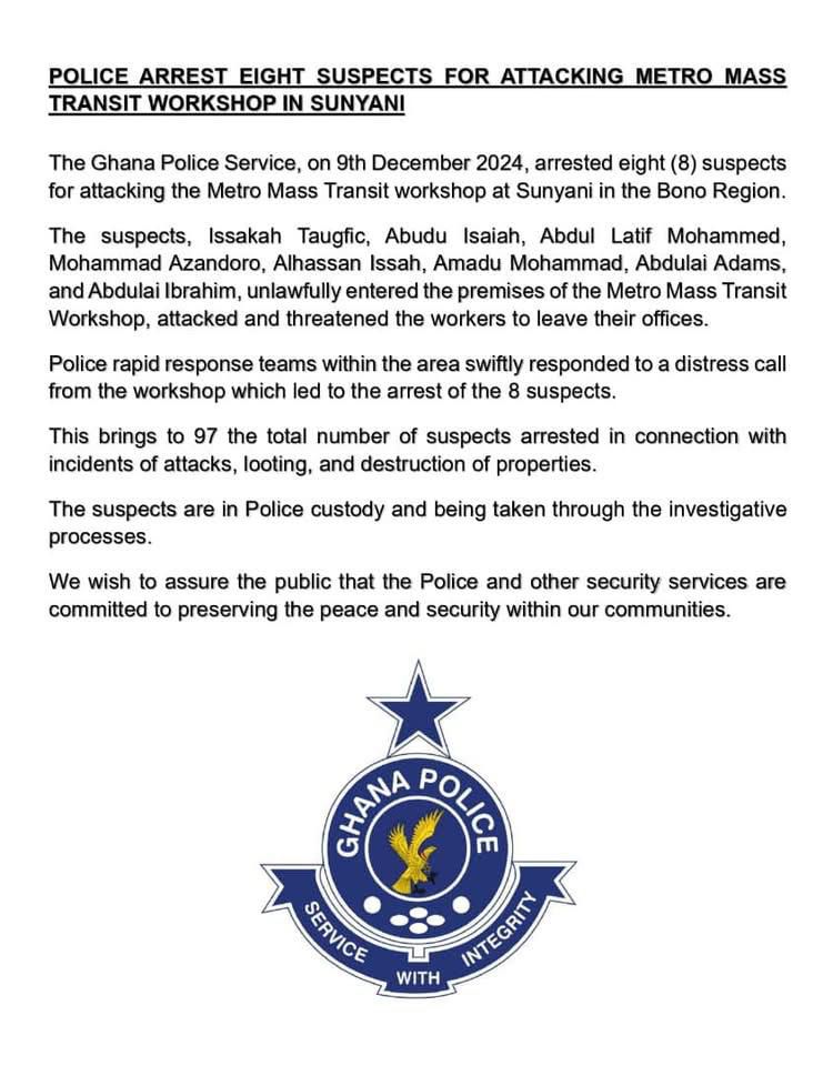 8 persons ‘grabbed’ by police for attack on Sunyani Metro Mass workshop