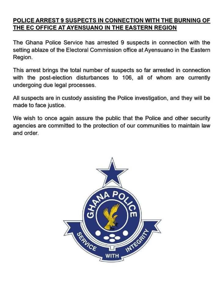 Police arrest 9 suspects over burning of Electoral Commission office in Ayensuano