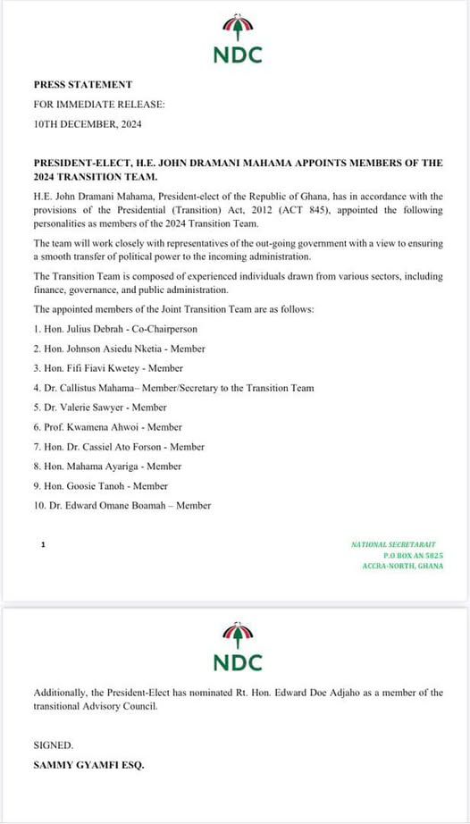 President-elect John Mahama appoints 2024 transition team: check full list