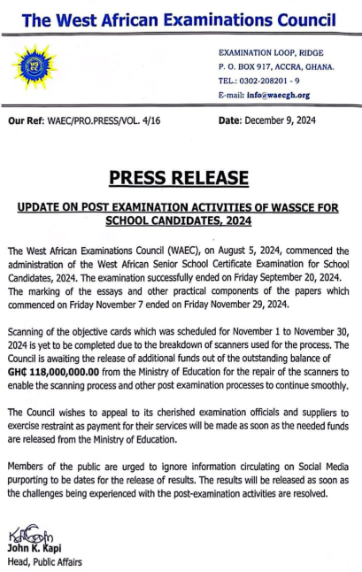 WAEC delays 2024 WASSCE results over outstanding GH¢118 million government debt