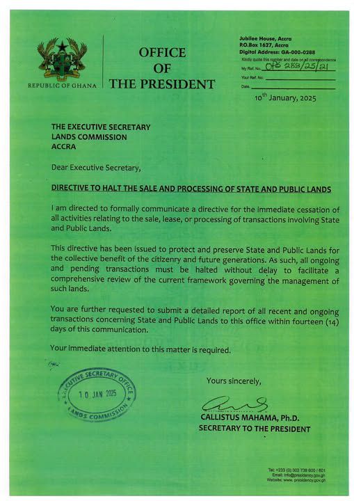 President Mahama blocks all ongoing sale of state lands; demands report in 14 days