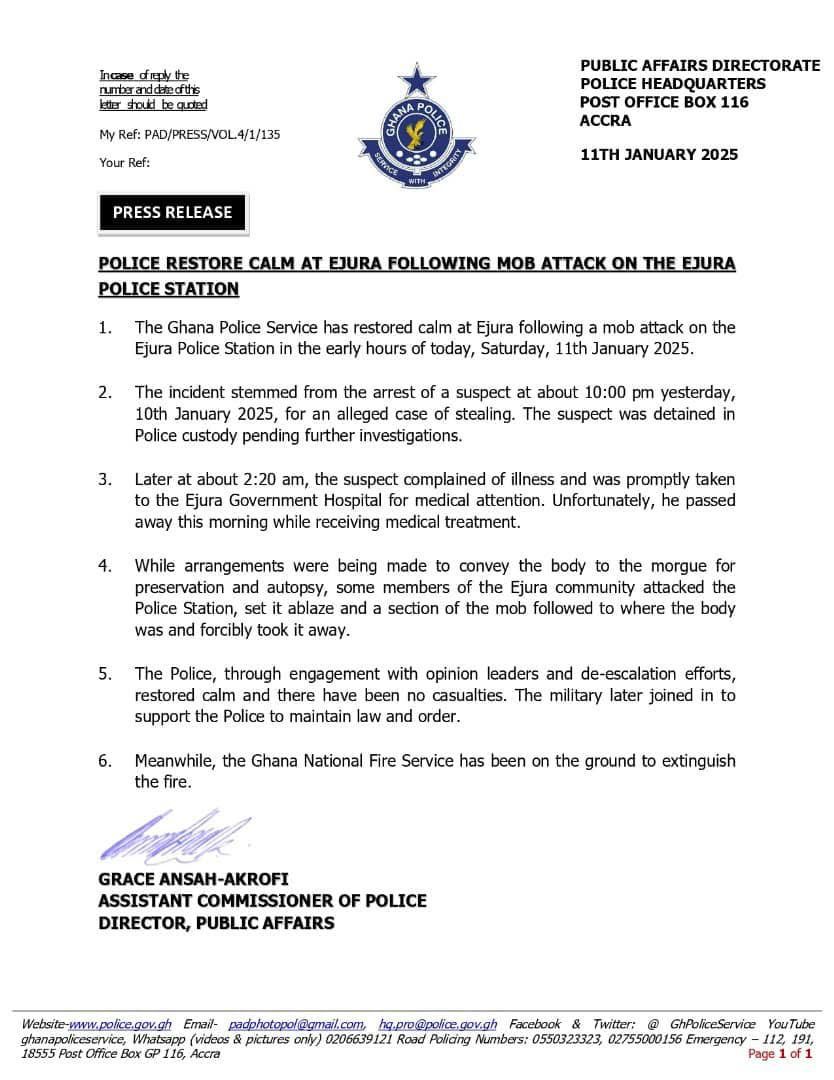 Police details why angry Ejura youth burn police station and vehicles, confirms calm restored