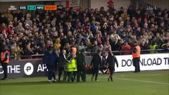 Exeter vs Forest: Ambulance crew rushes to aid Awoniyi after bloody on-pitch collision. Photo credit: ITV