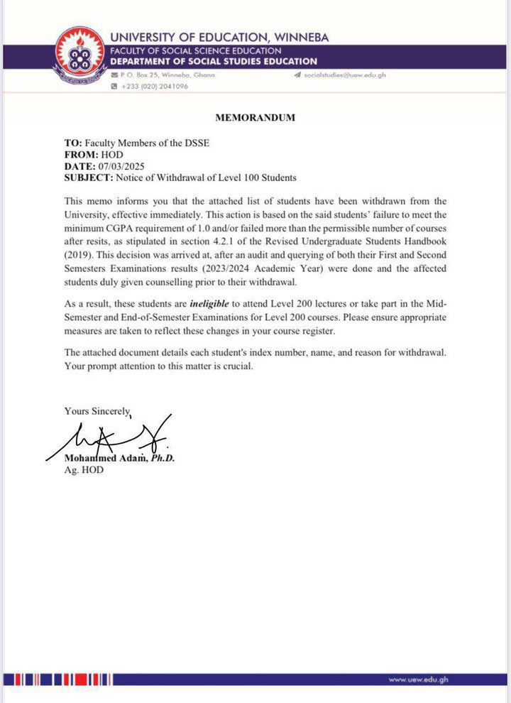 University of Education 'sacks' 38 first-year students over poor GPA - Full list