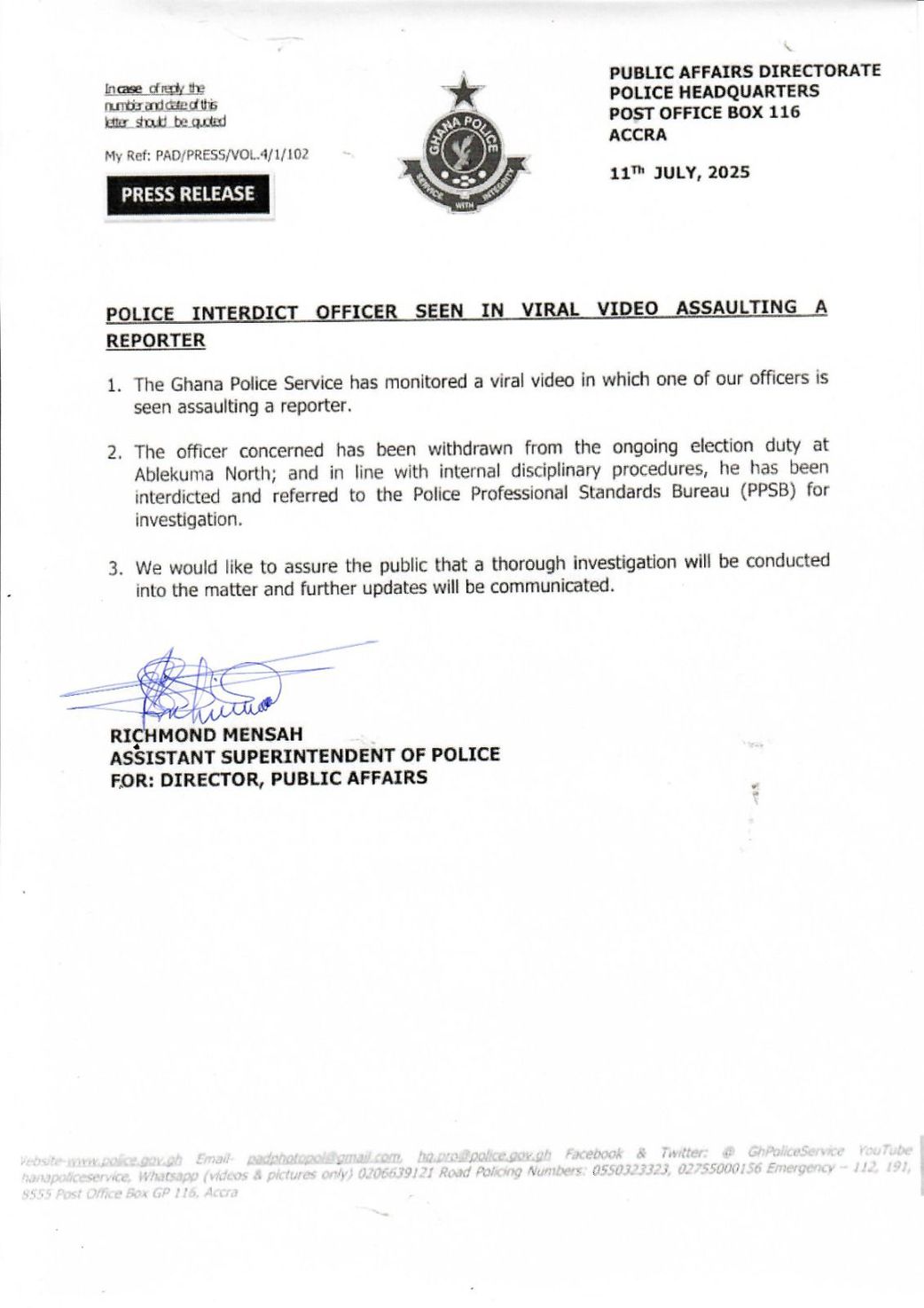 Ablekuma North: Police officer captured in viral video assaulting journalist interdicted