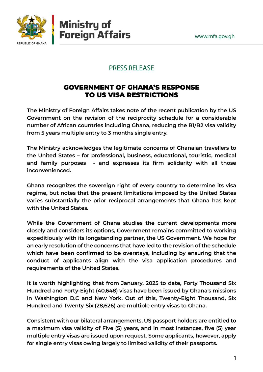 Government responds to new US visa restrictions on Ghanaians