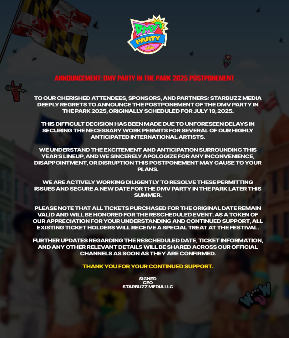 DMV Party in the park 2025 postponed due to permit delays