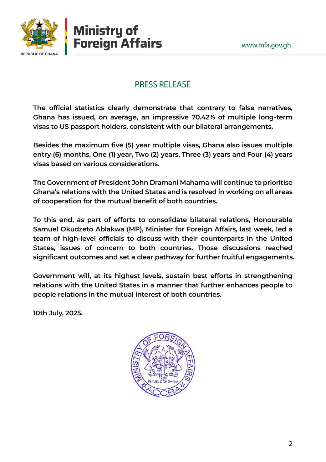 Government responds to new US visa restrictions on Ghanaians