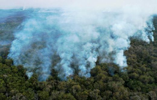 Aerial view showing large scale forest fires in Pocone, Pantanal region (the largest tropical wetlands in the world), Mato Grosso State, Brazil on Ausgust 1, 2020