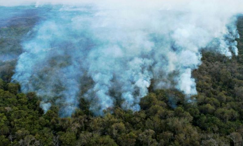 Aerial view showing large scale forest fires in Pocone, Pantanal region (the largest tropical wetlands in the world), Mato Grosso State, Brazil on Ausgust 1, 2020
