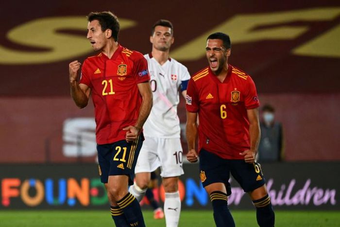 Mikel Oyarzabal (L) pounced on a horror slip by Swiss captain Granit Xhaka to seal a 1-0 victory for Spain in the Nations League