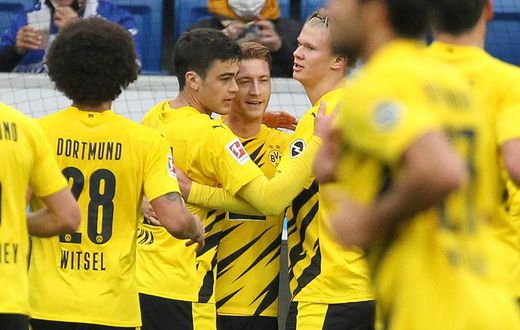 Marco Reus celebrates his match-winner with Erling Braut Haaland