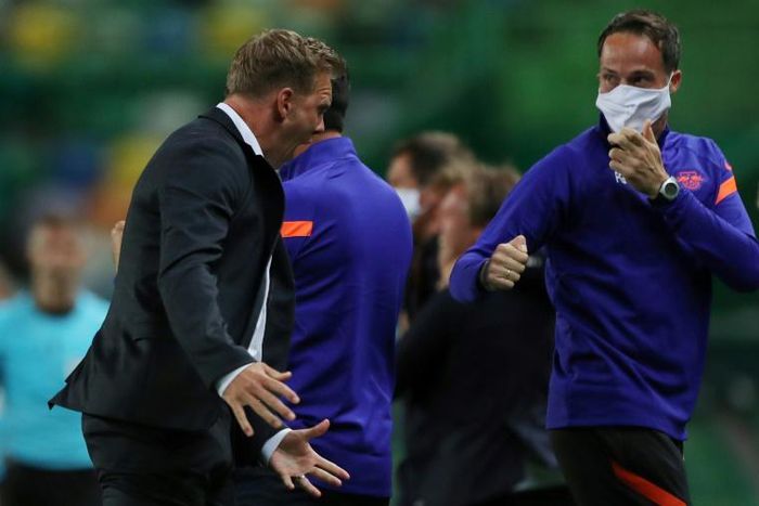 Leipzig head coach Julian Nagelsmann celebrates his team's stunning Champions League quarter-final win over Atletico Madrid.