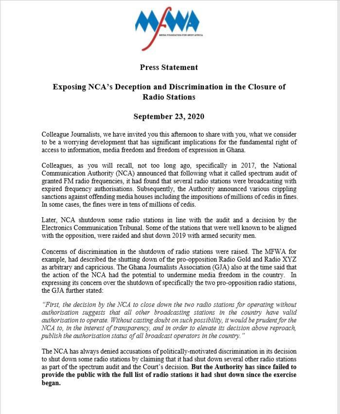 Media Foundation for West Africa accuses NCA of bias and abuse of the Right To Information Law