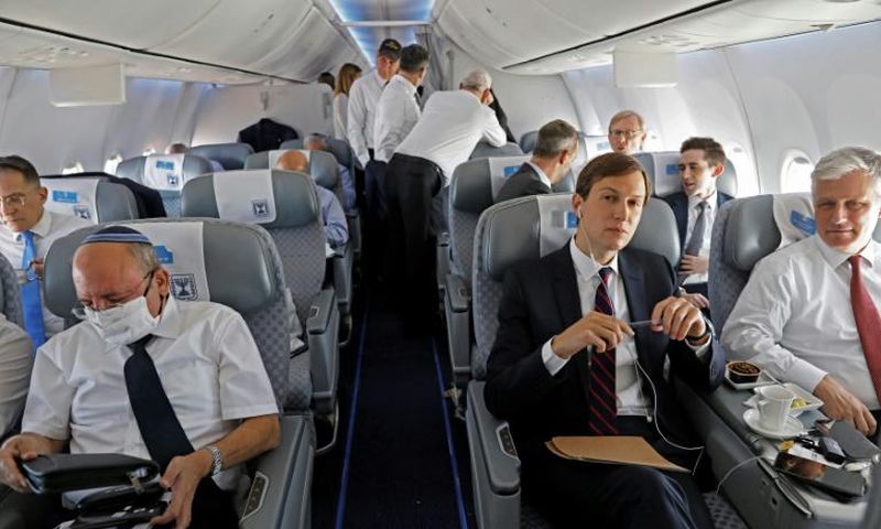 Kushner (C), US National Security Adviser Robert O'Brien (R) and Head of Israel's National Security Council Meir Ben-Shabbat (L) were aboard the first commercial flight from Israel to the UAE