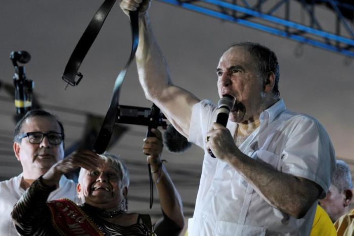 Dismissed Ecuadorean president (August 1996-February 1997) Abdala Bucaram speaks during a political rally after 20 years of exile in Panama, in Guayaquil, Ecuador on June 17, 2107