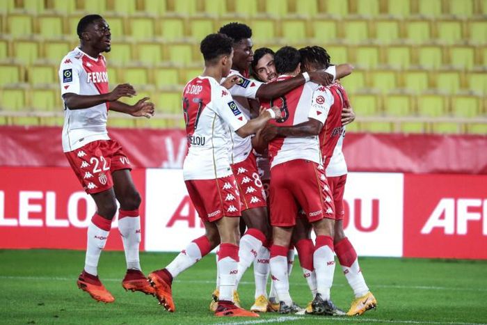 Monaco forward Kevin Volland (C) celebrates his first goals in Ligue 1