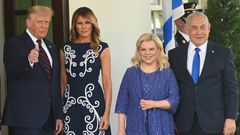 US President Donald Trump and First Lady Melania Trump welcome Israeli Prime Minister Benjamin Netanyahu and his wife Sara to the White House on September 15, 2020