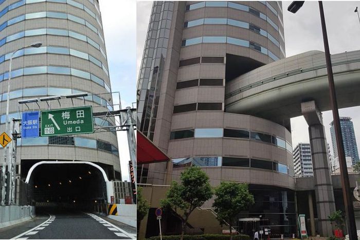 This Japanese building has a highway passing right through it