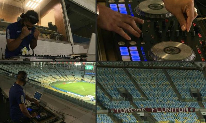 From the top of the stands of the Maracanã Stadium in Rio de Janeiro, DJ Franklin Scheleger turns a dial on his mixer and the voices of thousands of fans roar across the stadium