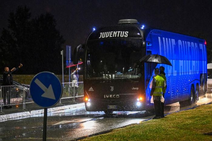 The bus transporting Juventus' players arrives at the Allianz Stadium.