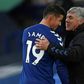 Everton midfielder James Rodriguez is congratulated by boss Carlo Ancelotti