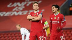 Liverpool forward Diogo Jota celebrates after his goal against Midtjylland at Anfield