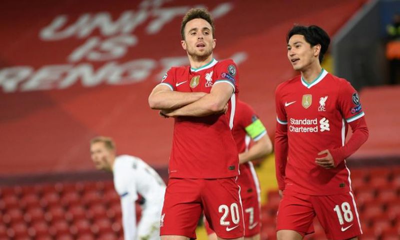 Liverpool forward Diogo Jota celebrates after his goal against Midtjylland at Anfield
