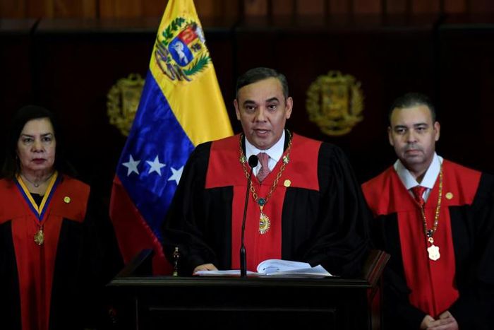 The chief justice of Venezuela's supreme court, Maikal Jose Moreno Perez (C), seen in Caracas in June 2020, has been indicted in the United States on money laundering charges