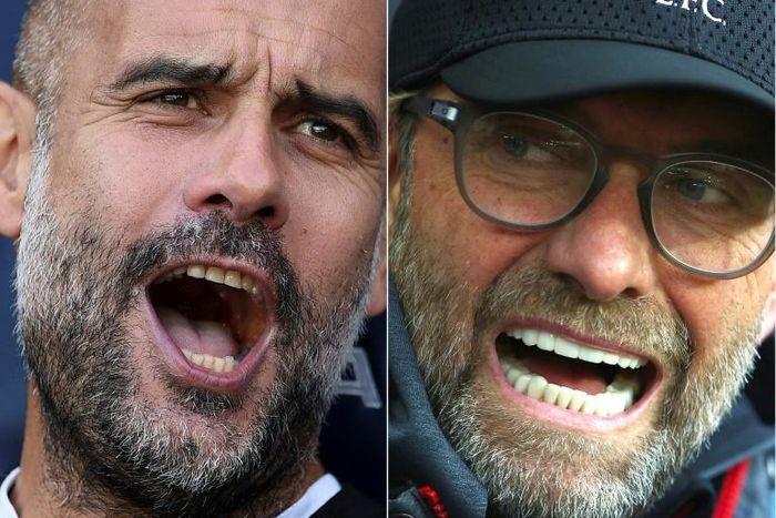 Manchester City manager Pep Guardiola (L) and Liverpool boss Jurgen Klopp