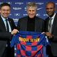Barcelona president Josep Maria Bartomeu, left and  Eric Abidal, right, welcomed Quique Setien as coach in January. It did not work out well