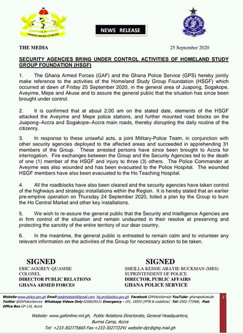 Joint statement from Military and Police on separatists