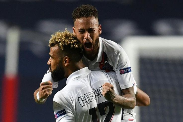 Eric Choupo-Moting celebrates with Neymar after scoring Paris Saint-Germain's winner against Atalanta in their Champions League quarter-final in Lisbon